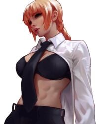 1girls abs art bangs black_bra bottomless bra braid business_attire business_woman chainsaw_man collared_shirt cosplay dsl exposed_bra exposed_torso fanart jenna_lynn_meowri makima_(chainsaw_man)_(cosplay) meowri neesorin open_shirt orange_hair pants plump_lips real_person shirt_lift solo tie toned toned_female white_background white_shirt