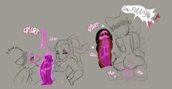 1girls anthro breasts cowgirl_position cum cum_in_pussy cum_on_face dialogue eyeshadow flower_crown futanari futanari_transformation glowing_eyes glowing_penis group_sex huge_cock momokattlewds penis pink_cum scalie sketch