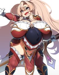 1girls armor big_belly big_hair blonde_hair blush bra breasts breasts_apart brown_eyes cowboy_shot curvy detached_collar dwarf dwarf_princess_(konoshige) female female_only gloves hair_between_eyes hair_intakes hair_ornament highres huge_breasts huge_sword huge_weapon konoshige_(ryuun) lace lace-trimmed_bra lace-trimmed_gloves lace-trimmed_legwear lace_trim long_hair oerba_yun_fang open_mouth original outie_navel panties pelvic_curtain pregnant ryuun_(stiil) shiny_clothes shiny_skin shortstack sidelocks skindentation smile solo standing sword thick_eyebrows thick_thighs thighhighs thighs twintails underwear very_long_hair weapon wide_sleeves