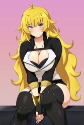 blonde blonde_female blonde_hair blush cleavage cleavage_cutout cute ember_celica fingerless_gloves fully_clothed garter_straps gloves lindaroze long_hair long_sleeves looking_at_viewer necklace purple_eyes rwby solo tagme thighhighs yang_xiao_long