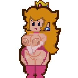 blonde_hair bottom_heavy clothed clothing crown female female_focus hair half-closed_eyes headgear human kribosuprahstah legwear lingerie lingerie_malfunction mammal mario_(series) narrowed_eyes nintendo paper_mario paper_peach partially_clothed pixel_art princess_peach solo thigh_highs transparent_background