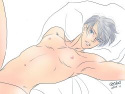 10s 1boy 2019 bishonen blue_hair grey_hair nude_male shirtless solo topless_male viktor_nikiforov yuri!!!_on_ice