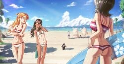 3girls ass asuka_langley_sohryu beach bikini black_hair bleach blue_eyes blush brown_eyes brown_hair crossed_arms crossover from_behind hayase_nagatoro kuchiki_rukia long_hair naoto_hachioji_(senpai) neon_genesis_evangelion pen_pen penguin please_don't_bully_me,_nagatoro shinji_ikari short_hair smile smooth_skin sunlight surfboard swimsuit tan tanline waligner