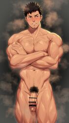 aikoo_sun big_breasts big_muscles big_nipples big_penis brown_hair censor_bar censored_penis hair hairy_chest hairy_cock hairy_dick muscle_tone muscles muscular muscular_male thick_thighs v-line yaoi