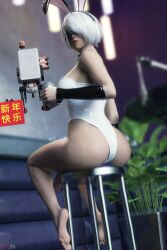 1futa 3d ass big_ass big_penis blindfold breasts bunny_ears clothing erojin futa_only futanari hairband light-skinned_futanari light_skin looking_back nier nier:_automata penis pod_(nier) rear_view short_hair sitting solo white_hair yorha_2b