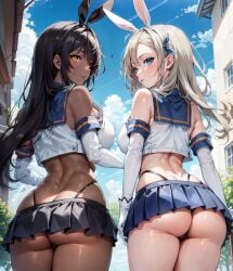 2girls 313aec ai_generated ass asuna_(blue_archive) asuna_(bunny)_(blue_archive) asymmetrical_bangs back black_hair black_panties blonde_hair blue_archive blue_eyes blue_sailor_collar blush breasts bunny_ears cameltoe chocolate_and_vanilla cloud cosplay cowboy_shot crop_top dark-skinned_female dark_skin elbow_gloves fake_animal_ears female female_only from_behind gloves hairband high_thong highleg highleg_panties kantai_collection karin_(blue_archive) karin_(bunny)_(blue_archive) large_breasts light-skinned_female light_skin long_hair looking_at_viewer looking_back microskirt millennium_science_school_student miniskirt multiple_girls panties pleated_skirt sailor_uniform shimakaze_(kantai_collection) shimakaze_(kantai_collection)_(cosplay) skirt sky stable_diffusion thong thong_straps thongstraps underwear white_gloves yellow_eyes