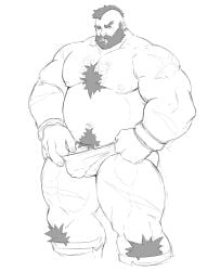 balls bara beard bulge capcom chest_hair facial_hair ho_tdoug male male_only monochrome muscles muscular penis scars scars_all_over solo solo_male street_fighter zangief