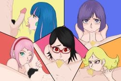 ada_(boruto) angry black_hair blowjob blue_hair boruto:_naruto_next_generations deepthroat delta_(boruto) earrings female human kakei_sumire male mangekyou_sharingan multiple_girls naruto naruto_(series) oral oral_sex partial_male penis pink_hair pov pubic_hair purple_hair sakura_haruno sarada_uchiha tongue tongue_out wink yellow_hair