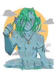 blue_skin green_eyes green_hair implied_nudity male male_focus male_only necklace shirtless shirtless_(male) trident wet wet_body wet_hair wet_skin