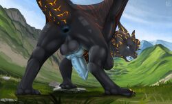 anus ass balls black_body black_scales blue_eyes blue_penis claws dragon erection eye_scar facial_scar feral gaping gaping_anus genitals hi_res horn horu_(anzuneth) ishiru knot looking_back male outside penis presenting presenting_hindquarters raised_tail rear_view scales scalie scar solo standing tail western_dragon