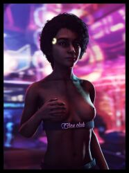 3d android breasts brown_eyes casual clementine_(the_walking_dead) crossover cyberpunk dark-skinned_female dark_skin detroit:_become_human female humanoid lenaid nipples petite small_breasts standing the_walking_dead_game