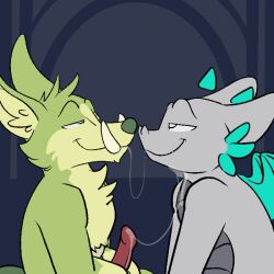 animated blush bodily_fluids corgidile cum dragon dumderg erection furry genital_fluids genitals hands_free_cum hunter_(knotsosfw) kissing male male/male mysty_(dumderg) penis