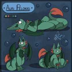 animal_genitalia auri_pelokas balls bow_tie dragon dumderg genitals hi_res horn male model_sheet neck_tuft nude pawpads penis sheath tuft wings