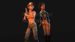 ass bottomless breasts casual clementine_(the_walking_dead) clothing dark_skin female firearm handgun hat human light-skinned_female magmallow model_sheet short_hair source_filmmaker the_walking_dead the_walking_dead_game topless weapon