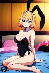 ai_generated animal_ears bare_legs bare_shoulders barefoot black_leotard blonde_hair blue_eyes breasts cleavage covered_navel detached_collar fake_animal_ears female indoors kanojo_okarishimasu large_breasts leotard looking_at_viewer nanami_mami on_bed pikkiwynn playboy_bunny rabbit_ears rabbit_tail short_hair sitting smile solo strapless strapless_leotard tail wariza wrist_cuffs