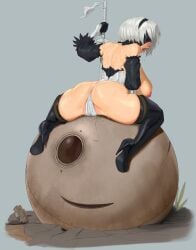 1girls areolae ass big_ass big_breasts blindfold breasts breasts_out clothing female female_masturbation female_only from_behind full_body hairband kabos light-skinned_female light_skin machine_lifeform nier nier:_automata nipples pussy_juice_drip_through_clothes rear_view short_hair solo thick_thighs thighhighs torn_clothes white_hair yorha_2b