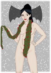 1girls asian asian_female batman_(series) black_hair breasts brown_eyes christmas christmas_ornaments christmas_theme dc_comics dexteranderonart ellen_yin eyebrows eyelashes female groin hand_on_hip legs light-skinned_female light_skin lipstick long_hair looking_at_viewer naked nsfw nude ponytail red_lipstick smile snow solo standing the_batman thighs