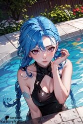 1girls ai_generated black_suit blue_hair female female_only jinx_(league_of_legends) league_of_legends one_piece_swimsuit patreon patreon_username pink_eyes pool solo sultryspark swimsuit tatoos tattoo water_drop