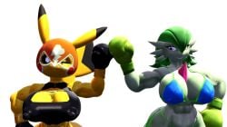 2girls 3d 3d_(artwork) 3d_model abs alpha_channel anthro arms_up barely_contained big_breasts bikini black_boxing_gloves black_eyes black_gloves boob_window boxing boxing_gloves breasts cosplay_pikachu curvy duo erect_nipples female female_only fist_bump furry game_freak gardevoir gloves green_boxing_gloves green_gloves green_hair humanoid jaratemuseum mmd muscles muscular nintendo nipples_visible_through_clothing one_eye_closed pikachu pikachu_libre pokémon_(species) pokemon pokemon_(species) red_eyes smile sports_bra tail thick thick_hips white_body white_skin wide_hips wink wrestling_mask yellow_body yellow_skin