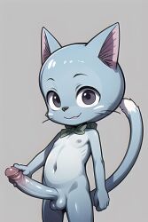 ai_generated anthro balls big_penis black_eyes black_hair blue_body blue_fur catboy cute_eyes domestic_cat erection fairy_tail felid feline felis fur genitals hair happy_(fairy_tail) hi_res huge_cock male mammal navel nipples nude penis penis_grab rosenly smaller_male smile solo