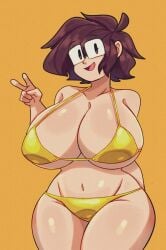 1girls big_breasts bikini breasts brown_hair female glasses lueduartv lulú_(lueduar) short_hair solo tagme