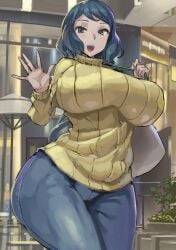 1girls blue_eyes blue_hair breasts clothed female female_only gundam gundam_build_fighters huge_breasts iori_rinko jeans kazo large_breasts light-skinned_female light_skin long_hair mature_female milf mother smile sweater thick_thighs tight_clothing voluptuous wide_hips