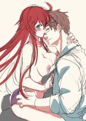 abs breast_squish breasts brown_hair canon_couple couple embracing glasses green_eyes guilty_gear guilty_gear_strive hugging husband_and_wife jack-o'_valentine kusu26moosky looking_at_viewer multicolored_hair red_hair sol_badguy topless underwear white_hair