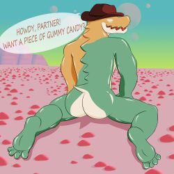 absurd_res anthro ass candy clothing cowboy cowboy_hat crocodile crocodilian crocodylid dessert feet food food_creature gummigoo_(the_amazing_digital_circus) gummy_(food) gummy_creature hat headgear headgear_only headwear headwear_only hi_res kneeling kneeling_on_ground living_candy male male_only mostly_nude nel0 nude reptile scalie solo the_amazing_digital_circus