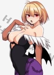 arcueid_brunestud blonde_hair capcom cleavage cosplay darkstalkers female large_breasts maz_515 morrigan_aensland morrigan_aensland_(cosplay) red_eyes short_hair skin_tight tagme tsukihime wings