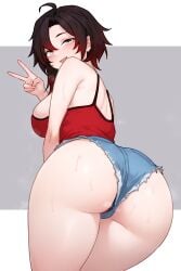 1girls alternate_version_available ass big_ass bluefield booty_shorts breasts bubble_butt caked_up fat_ass female hi_res huge_ass jean_shorts large_breasts light-skinned_female light_skin minishorts peace_sign red_hair round_ass ruby_rose rwby short_hair short_shorts shorts smile sweat tank_top tomboy