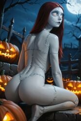 ai_generated ass badaicreations completely_nude_female doll_girl jack-o&#039;-lantern kneeling long_hair_female moon night_sky red_hair sally_(the_nightmare_before_christmas) stitch_(sewing) the_nightmare_before_christmas