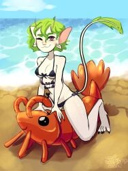 alien_girl anthro ariral ariral_(eternitydev) beach bikini black_bikini cat_ears cat_tail cute green_hair jelipherr_(artist) original_character purple_eyes sand sea shrimp smile solo solo_female swim_ring voices_of_the_void watermark whiskers white_body white_fur wink