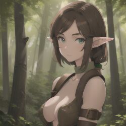 1girls ai_generated barely_clothed brown_hair cleavage cute elf elf_ears elf_female elf_girl female green_eyes large_breasts leather looking_at_viewer stable_diffusion wood_elf