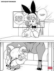 2023 bulma bulma_(bunny) bulma_(dragon_ball) bulma_briefs bunny_ears bunnysuit busty dominant_female dragon_ball dragon_ball_(classic) dragon_ball_out_of_pannel female high_heels hourglass_figure large_breasts lipstick male monochrome oolong pig pussy shounen_jump teenager thick_thighs wide_hips witchking00