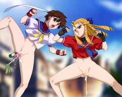 2girls akagi_(artist) blonde_female blonde_hair blonde_hair_female bottomless bottomless_female brown_eyes brown_hair censored censored_genitalia censored_pussy clothed clothed_female cum cum_drip cum_dripping cum_dripping_out_of_pussy cum_in_pussy cum_inside drill_hair dripping dripping_cum dripping_semen female female_only fighting gloves headband karin_kanzuki leaking leaking_cum leaking_semen multiple_girls naked naked_male nude nude_male orgasm sakura_kasugano school_girl school_uniform schoolgirl schoolgirl_uniform semen semen_dripping street_fighter time_stop undressed upskirt white_headband