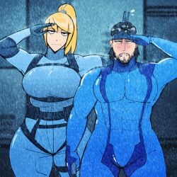 1boy 1girls abs animated beard big_breasts blonde_hair bodysuit both_sexes_in_same_situation breasts cdlum cigarette female looking_at_viewer male metal_gear metal_gear_solid metroid no_nude no_sex ponytail rain salute samus_aran skin_tight solid_snake zero_suit