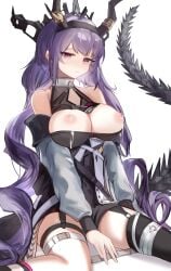 absurdres arknights bare_shoulders black_dress black_thighhighs breasts cleavage_cutout clothing_cutout curly_hair dress female garter_straps headgear highres horns lactation large_breasts looking_at_viewer mizuhashi_parusui purple_eyes purple_hair simple_background single_thighhigh sitting solo tail thighhighs typhon_(arknights) wariza white_background