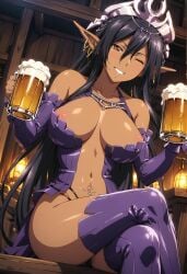 1girls ai_generated beer black_female cleavage crown ebony elf_ears kuroinu_~kedakaki_seijo_wa_hakudaku_ni_somaru~ long_hair looking_at_viewer nipples nipples_visible_through_clothing olga_discordia