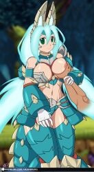 aqua_hair areola_slip glowing_hair green_eyes hand_on_breast iris_(mega_man) mega_man mega_man_x mega_man_x_dive nipple_between_fingers pov smiling_at_viewer tagme vcampan wardrobe_malfunction zinogre_iris_(mega_man)