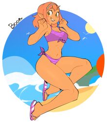 beach bikini boonsky flip_flops girl hairband jumping orange_hair pointy_ears sandals tan_body