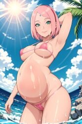 1girls ai_generated alternate_breast_size arm_behind_head arm_up big_breasts bikini bikini_bottom bikini_top bob_cut boruto:_naruto_next_generations breasts female female_focus in_water light-skinned_female light_skin mature mature_female micro_bikini midriff milf nai_diffusion naruto naruto_(series) one_arm_behind_head one_arm_up pale-skinned_female pale_skin parted_bangs petite petite_body pink_hair pregnant pregnant_belly pregnant_female revealing_swimsuit ringod sakura_haruno skimpy skimpy_bikini stable_diffusion sunlight swimsuit water white_skin