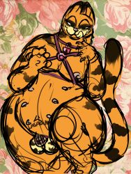 anthro body_writing chastity_cage chastity_device chest_harness domestic_cat felid feline felis floral_print garfield_(series) garfield_the_cat harness hi_res licking licking_lips licking_own_lips lock lying male male_only mammal markings multi_nipple nipples on_back padlock paramount_pictures paws,_inc. solo striped_markings stripes tongue tongue_out yonnixart