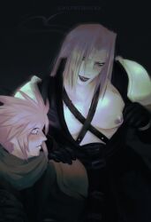 2boys blonde_hair blue_eyes blush clothed cloud_strife color dark_background feminine_male final_fantasy final_fantasy_vii gay gloves green_hair long_hair looking_at_breasts muscular muscular_male nipple pale-skinned_male pale_skin pauldrons revealing_breasts scarf sephiroth silver_hair spiky_hair square_enix staring staring_at_breasts straps_across_chest tagme yaoi