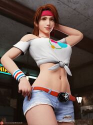 3d artist_upload belly belt brown_eyes brown_hair cowboy_shot darkbahamuth final_fantasy final_fantasy_vii front_view headband jessie_rasberry looking_at_viewer midriff navel navel_piercing necklace patreon_username pinup self_upload sfw shorts standing wristband