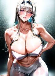 1girls absurd_res ai_generated big_breasts cleavage curvaceous headband midriff qqitu red_eyes smile_at_viewer stable_diffusion thick_thighs white_hair white_pants white_top