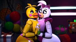 2girls 3d 3d_(artwork) ass_window big_breasts bottomwear breast_to_breast casual casual_nudity chickenchicalover clothed female female_only five_nights_at_freddy's five_nights_at_freddy's:_security_breach five_nights_at_freddy's_2 glamrock_chica_(fnaf) huge_ass huge_breasts no_bra public public_nudity robot robot_girl see-through sideass topless toy_chica_(fnaf)