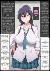 black_hair blush clothed clothed_female dialogue frozen hard_translated idolmaster kyouan_(hiromituisgod) ponytail shirase_sakuya skirt text tie time_stop translated yellow_eyes