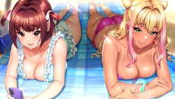 2girls ass ass_cleavage ass_cleavage_tanline barefoot bikini bikini_tan blanket blonde_hair blue_one-piece_swimsuit bracelet breasts butt_crack day double_bun earrings frilled_one-piece_swimsuit frills gal game_cg glint green_eyes gyaru gyaru_gal hair_bun hair_intakes heart heart_earrings hidaka_fuyuka hidaka_manatsu holding holding_phone jewelry kan'ochi_x_netorare_kazoku_~anata_yurushite._watakushi-tachi,_uwaki_sex_ni_honki_de_hamacchatta_no~ kuro_gyaru large_breasts lens_flare long_hair looking_at_viewer lying minamoto_(mutton) multicolored_hair multiple_girls oerba_yun_fang official_art on_stomach one-piece_swimsuit outdoors phone photoshop_(medium) pink_bikini pink_hair red_eyes red_hair shiny_skin short_hair siblings side-tie_bikini_bottom sisters smile swimsuit tan tanline two-tone_hair two_side_up