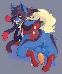 anthro anus ass balls big_butt black_hair blue_body blue_fur bottomless clothed clothing donitkitt erection fur genitals hair hand_spike hi_res humanoid_genitalia humanoid_penis licking licking_lips looking_back lucario male mega_evolution mega_lucario nintendo partially_clothed penis pokemon pokemon_(species) presenting presenting_hindquarters raised_tail seductive sharp_teeth solo spikes spikes_(anatomy) tail teeth tongue tongue_out topwear