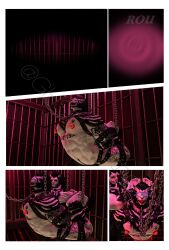 3d_(artwork) abs absurd_res anthro arm_tattoo ball_gag barazoku biceps big_muscles black_body black_fur chain_leash chains chest_tattoo collar digital_media_(artwork) dominant dominant_anthro dominant_male duo duo_in_panel erect_nipples felid fur gag ghs112hrothgar hanging_bondage hi_res huge_muscles hypnotic_visor leash leashed_collar lion male male/male mammal muscular muscular_anthro muscular_dom muscular_male muscular_sub nipples pantherine pecs prison solo_in_panel submissive submissive_anthro submissive_male tattoo white_body white_fur